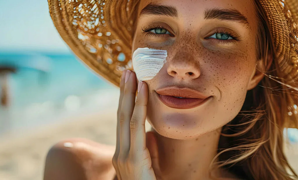 Vrouw beschermt haar gezicht tegen pigmentvlekken door de zon met een hoed.