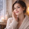 Vrouw met gezonde winterhuid bij een raam tijdens een rustige avond skincare routine